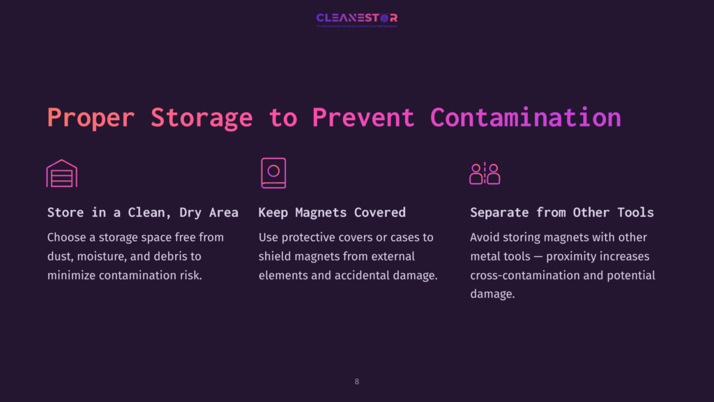 A Dark Purple Background With A Gradient Effect Displays Text About Proper Storage To Prevent Contamination. Three Icons With Accompanying Text Describe Storing Items In A Clean, Dry Area, Keeping Magnets Covered, And Separating Them From Other Tools.