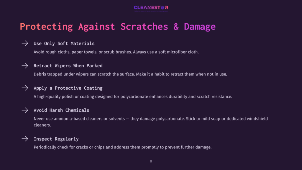 Instructions On Protecting Polycarbonate Windshields From Scratches, Featuring Bullet Points And A Dark Purple Background.