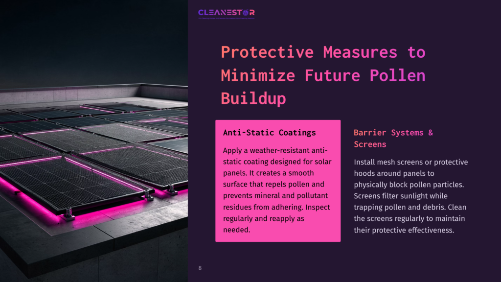 Solar Panels On A Rooftop With A Vibrant Purple Background, Featuring Protective Measures Against Pollen Buildup And Maintenance Tips.