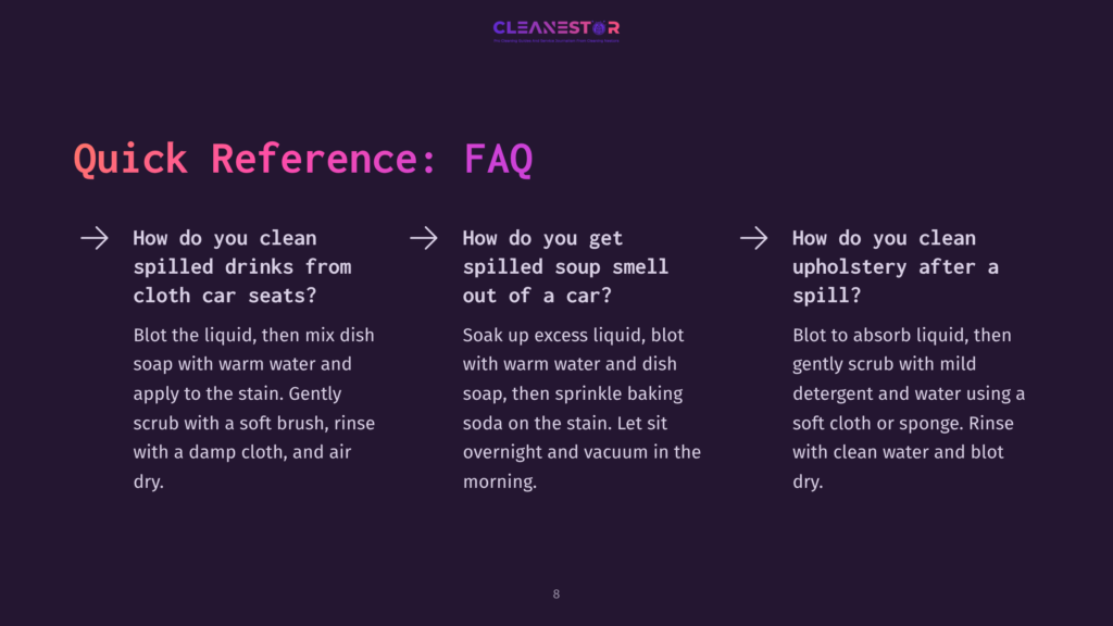 Text On A Dark Purple Background Outlining Cleaning Tips, With Sections For Cleaning Spills From Car Seats, Removing Soup Smells, And Upholstery Care.