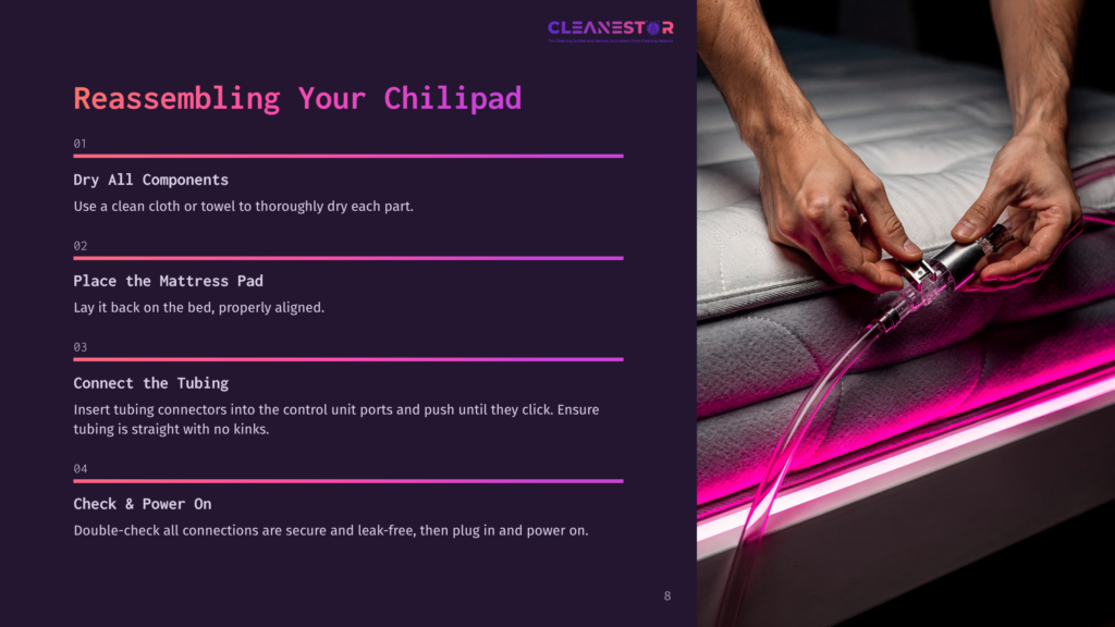 A Person Connecting Tubing To A Mattress Pad On A Bed, Surrounded By A Dark Background With Clean, Modern Design Elements.