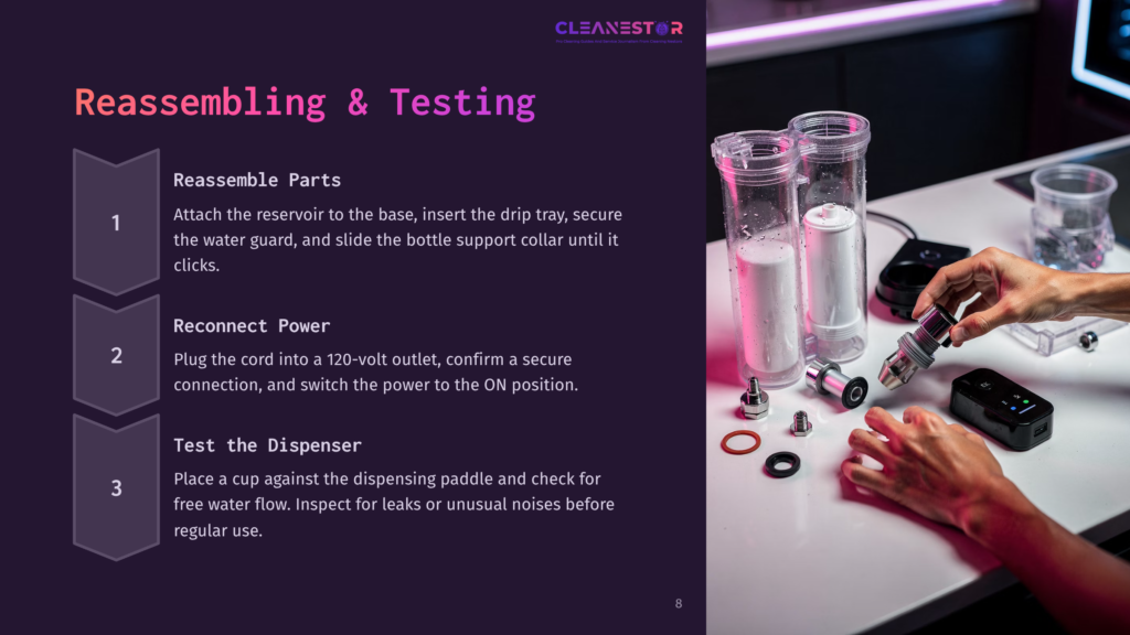 8 Reassembling And Testing A Person’s Hands Holding A Connector Near A Water Dispenser With Clear Water Bottles, Tools, And Assembly Instructions Visible.