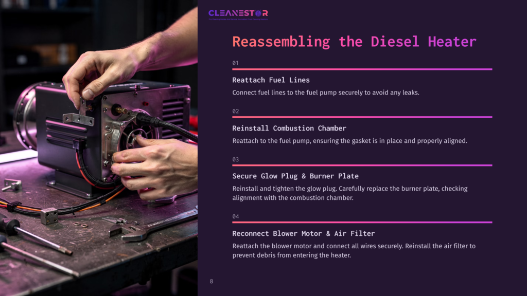 Close-Up Of Hands Reassembling A Diesel Heater, Focusing On Fuel Lines And Burner Plate. Text Overlay Reads &Quot;Cleanestor Reassembling The Diesel Heater&Quot;.