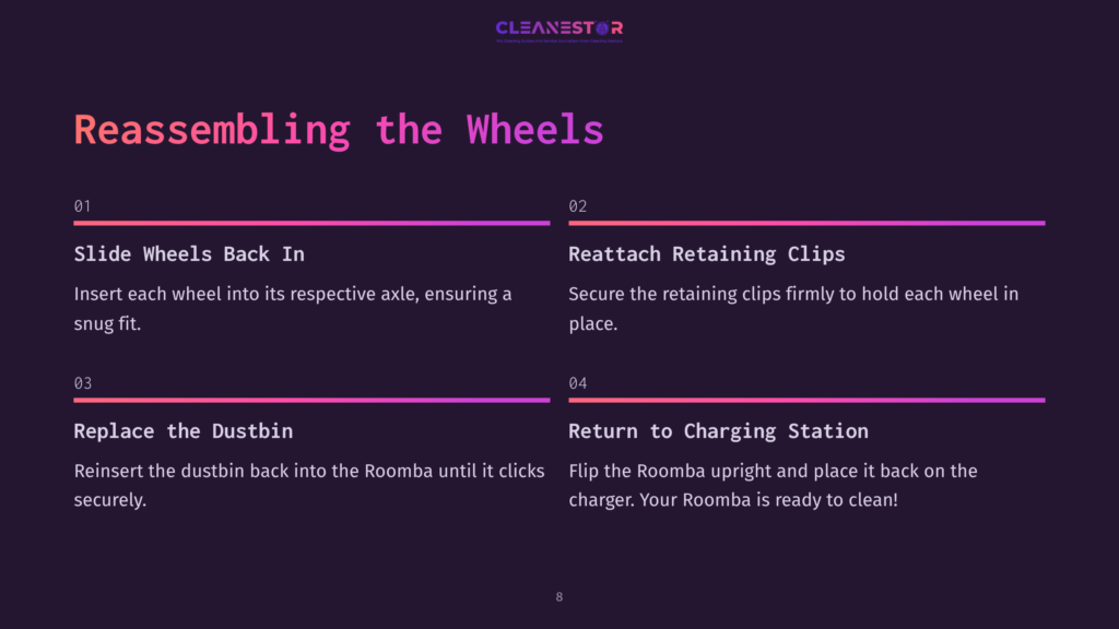 8 Reassembling The Wheels Instructions For Reassembling Roomba Wheels, Featuring Numbered Steps With Purple Accents, Clear Text, And A Simple Layout.