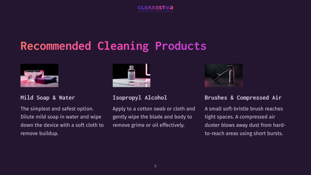 Three Recommended Cleaning Products Displayed On A Dark Purple Background: Mild Soap And Water, Isopropyl Alcohol, And Brushes With Descriptions.