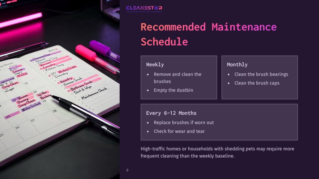A Dark, Moody Image Shows A Notebook With A Cleaning Schedule And A List Of Cleaning Tasks Written In Colorful Marker Pens. The Notebook Is Open To A Page With &Quot;Recommended Maintenance Schedule&Quot; And Lists For &Quot;Weekly&Quot; And &Quot;Monthly&Quot; Cleaning Tasks.