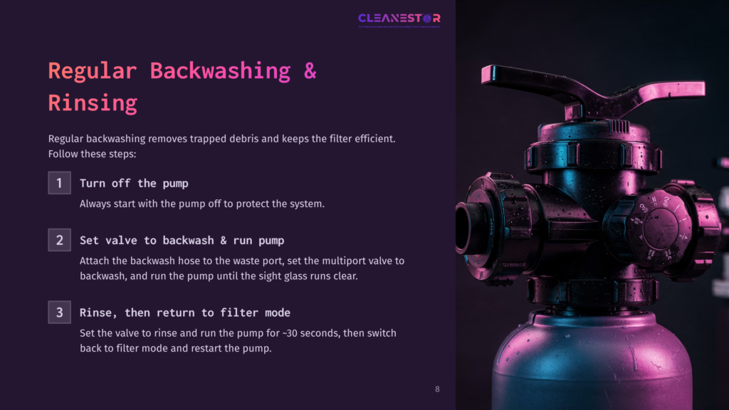 Close-Up Of A Multi-Port Valve On A Pool Filter, With Instructions For Regular Backwashing And Rinsing Visible On The Left. The Valve Is Dark And Wet, With A Handle At The Top.