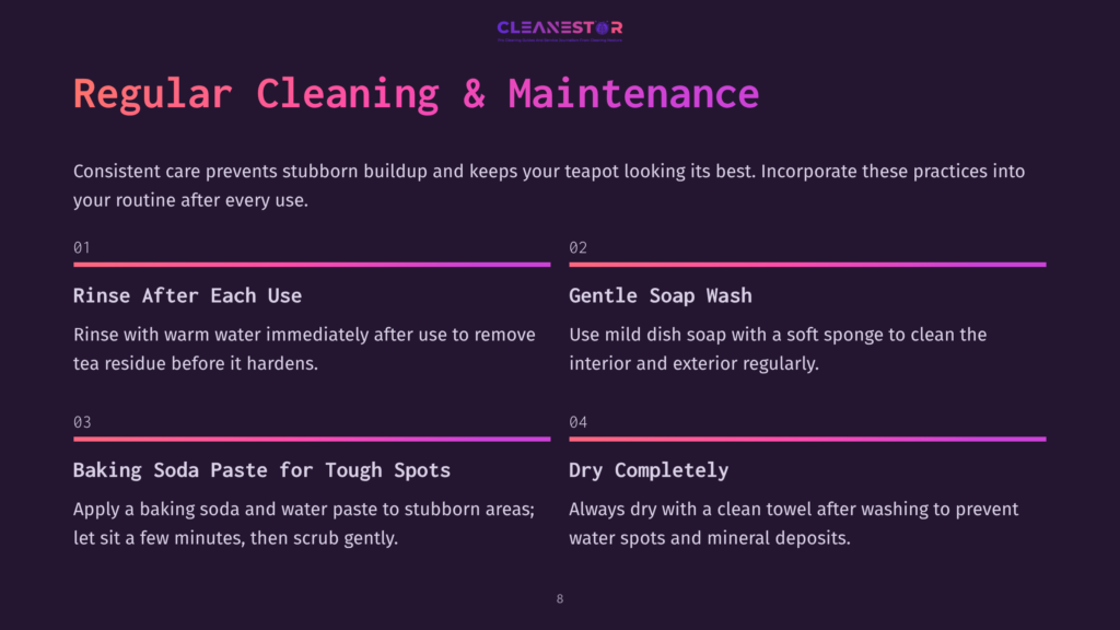 Infographic Listing Cleaning Tips For Stainless Steel Teapots, Featuring Black Background, White Text, Purple Accents, And Organized Layout.