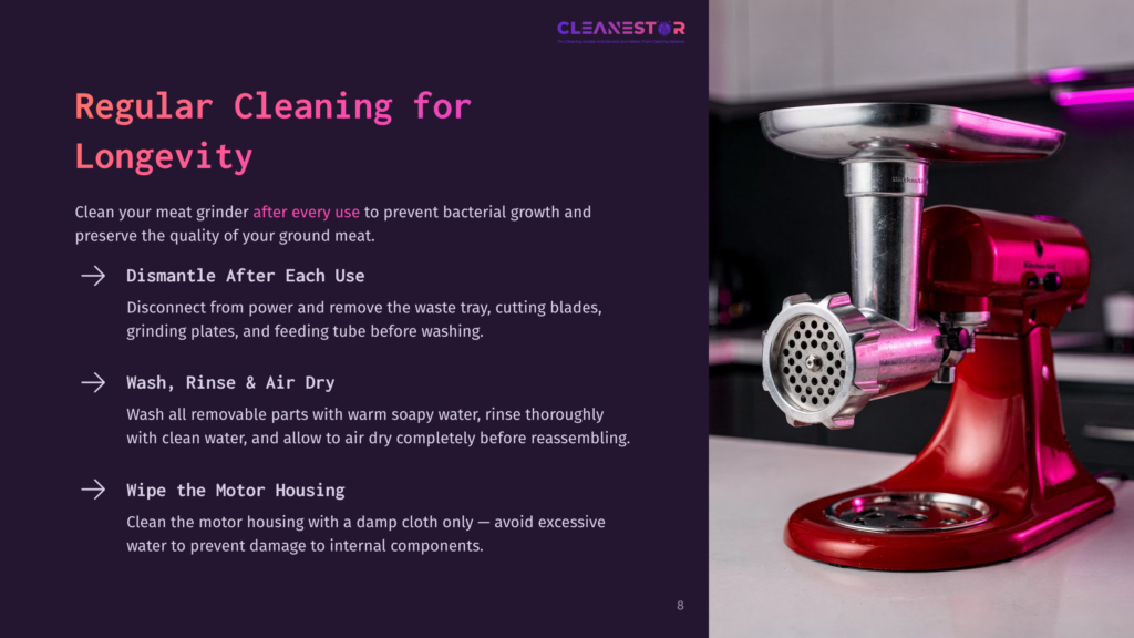 A Red Kitchenaid Stand Mixer With A Meat Grinder Attachment Is Shown Close-Up, With Text Overlay About Cleaning The Meat Grinder For Longevity.