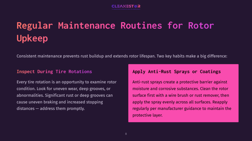 Cleanestor Logo With Text &Quot;Regular Maintenance Routines For Rotor Upkeep&Quot; And &Quot;Inspect During Tire Rotations&Quot; And &Quot;Apply Anti-Rust Sprays Or Coatings&Quot; On A Dark Purple Background.
