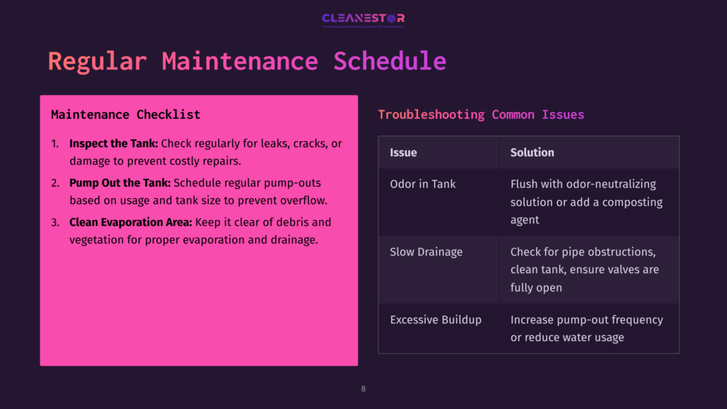 Checklist For Gray Water Tank Maintenance With Pink Header, Troubleshooting Issues, Solutions, And A Dark Background For Contrast.