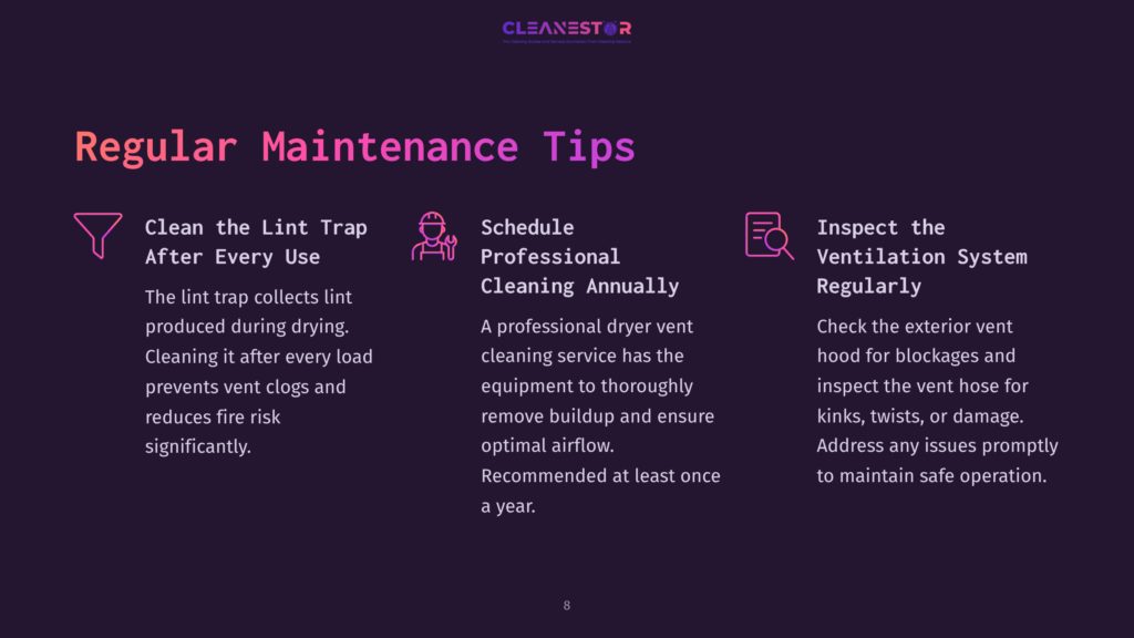 Two Columns Of Text On A Dark Background Featuring Tips For Dryer Vent Maintenance, Highlighted In Bright Pink And White. Icons Illustrate Key Points.