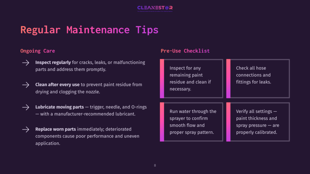 Text-Heavy Infographic With Maintenance Tips For Paint Sprayers, Featuring Purple And Pink Backgrounds. Sections Include Ongoing Care And A Checklist.