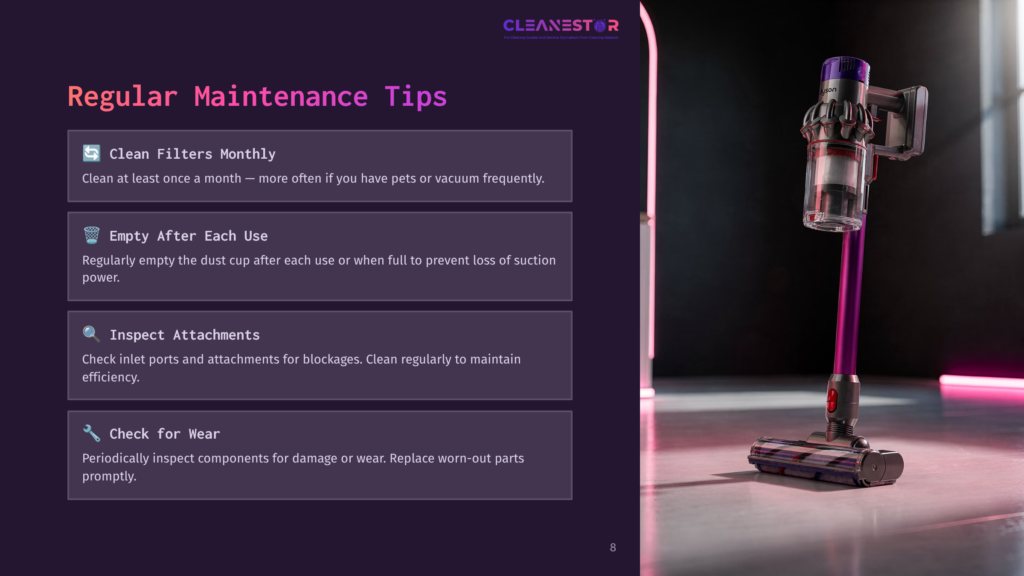 A Sleek, Modern Purple And Silver Vacuum Cleaner With A Pink Light Stands On A Dark, Reflective Floor, With Tips For Vacuum Cleaner Maintenance Displayed On The Left.