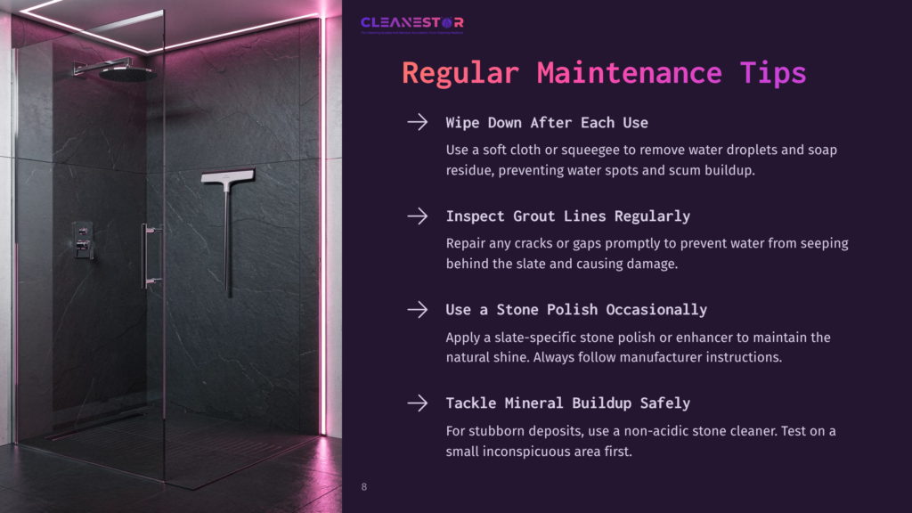 Modern Bathroom With A Sleek Glass Shower Enclosure, Black Stone Tile, And Integrated Lighting. Text Overlay From Cleanestor Provides Tips For Regular Maintenance, Including Wiping Down, Inspecting Grout, Polishing Stone, And Tackling Mineral Buildup.