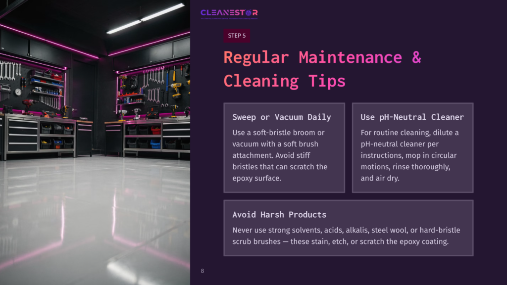 A Modern Garage With Purple Lighting, Tools Organized On The Walls, Along With Cleaning Tips Displayed In A Dark Panel On The Right.