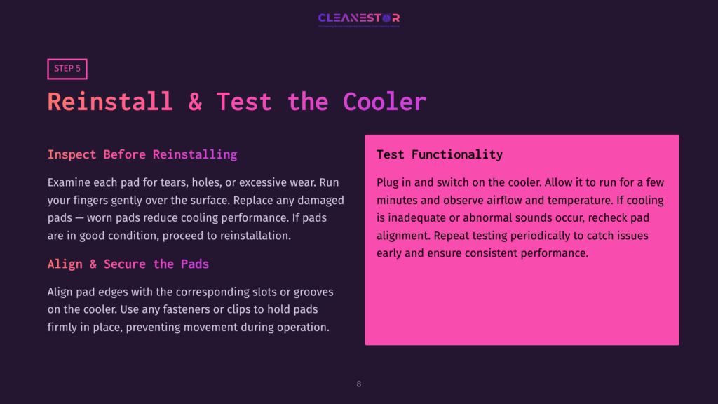 8 Reinstall And Test The Cooler Step 5: Reinstall &Amp; Test The Cooler. The Image Displays Instructions For Reinstalling And Testing A Cooler, With Sections On &Quot;Inspect Before Reinstalling&Quot; And &Quot;Test Functionality.