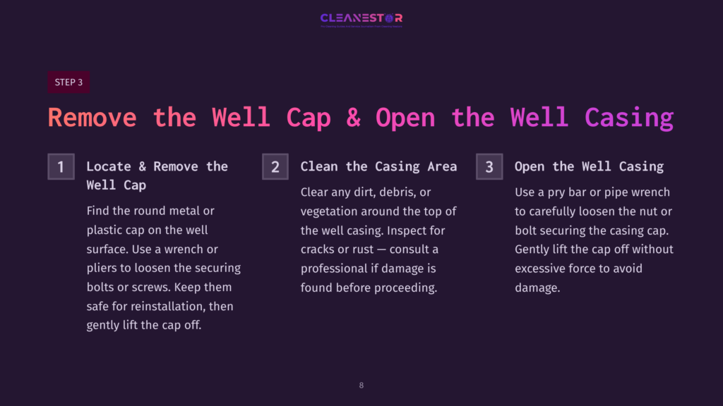 Instructions With Numbered Steps For Cleaning A Well Screen, Featuring A Dark Purple Background And Clear White Text.