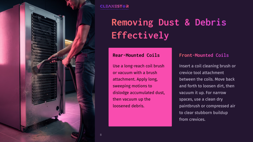 A Person Using A Vacuum And Brush To Clean The Coils Of A Kenmore Refrigerator, With Instruction Text On Effective Cleaning Methods.