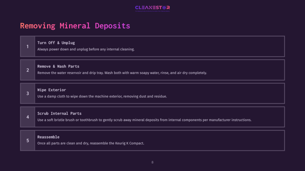 Instructions On Cleaning A Keurig K Compact, Featuring A Dark Background With White And Purple Text, Including Steps For Removing Mineral Deposits.