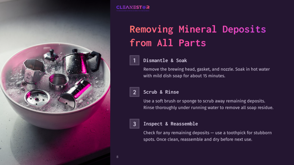 Espresso Maker Parts Soaking In A Bowl Of Soapy Water. Text Overlay: &Quot;Cleanestor Removing Mineral Deposits From All Parts: 1. Dismantle &Amp; Soak, 2. Scrub &Amp; Rinse, 3. Inspect &Amp; Reassemble.