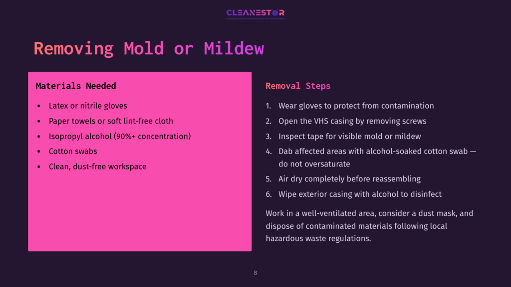 8 Removing Mold Or Mildew A Dark Purple Slide Titled &Quot;Removing Mold Or Mildew&Quot; Lists Materials Needed Like Latex Gloves And Isopropyl Alcohol, And Removal Steps Including Wearing Gloves And Inspecting For Mold.