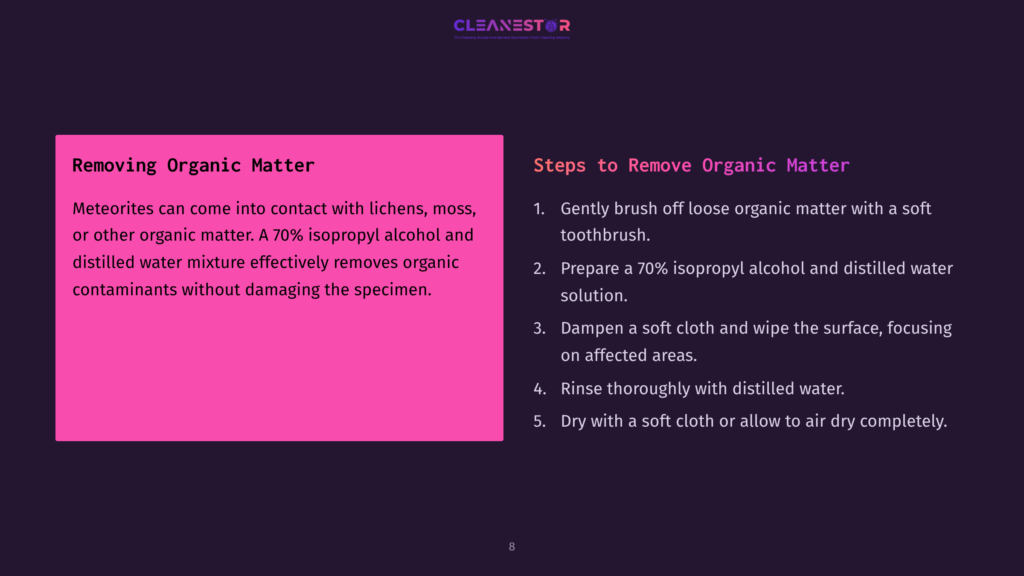 Bright Pink Box Highlights Steps For Cleaning Meteorites, With Bold Text Instructions And A Dark Purple Background For Contrast.