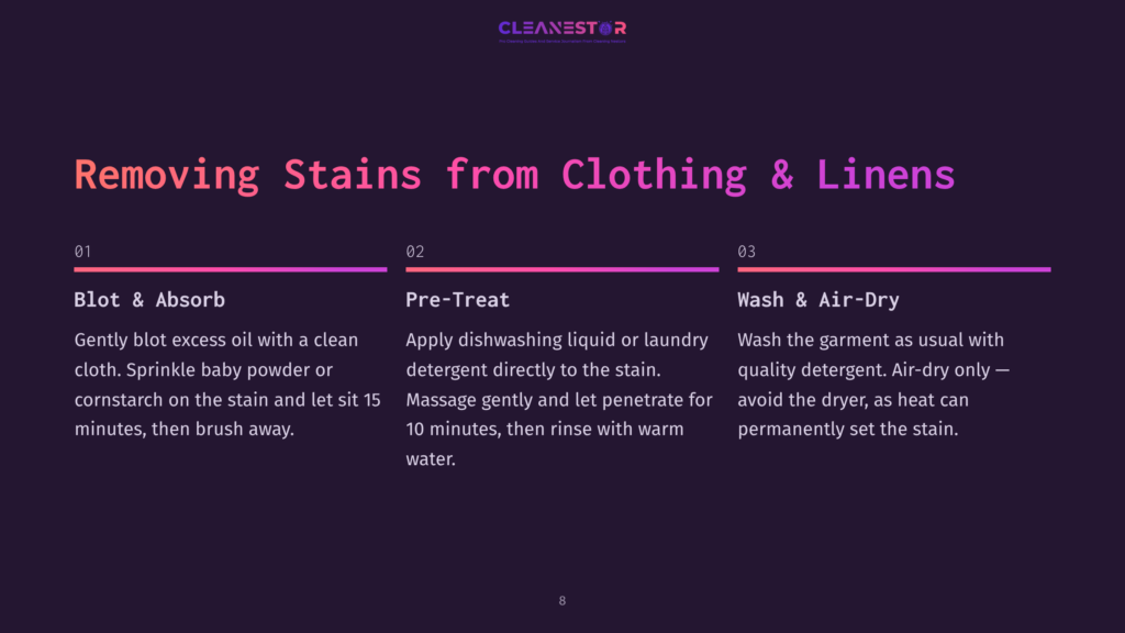 8 Removing Stains From Clothing And Linens A Dark Purple Background With The Title &Quot;Removing Stains From Clothing &Amp; Linens&Quot; In Gradient Lettering. Below, Three Columns Detail Stain Removal Steps: &Quot;Blot &Amp; Absorb,&Quot; &Quot;Pre-Treat,&Quot; And &Quot;Wash &Amp; Air-Dry,&Quot; With Instructions For Each.