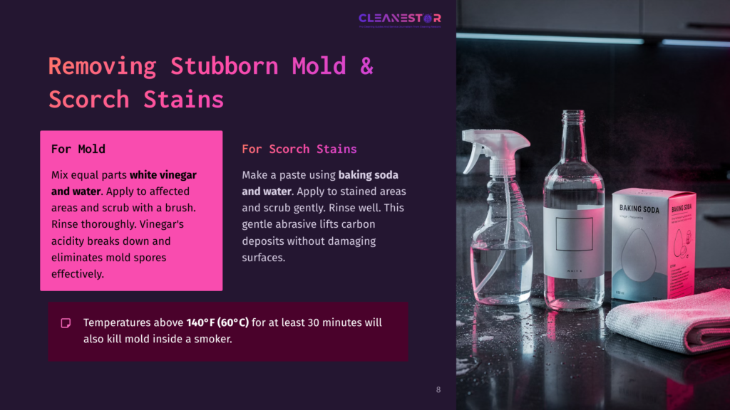 8 Removing Stubborn Mold And Scorch Stains Two Spray Bottles And A Bowl Of Baking Soda On A Dark Background, With Pink Accents. Text On The Left Provides Cleaning Instructions For Mold And Scorch Stains.