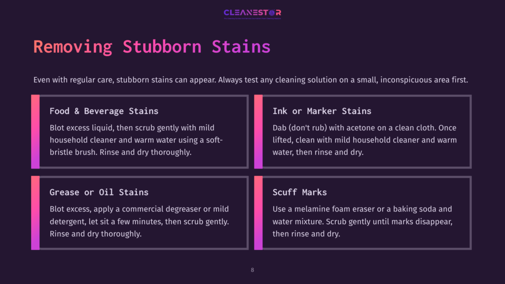 Four Segments On A Dark Background Outlining Effective Methods To Remove Stubborn Stains, With Color-Coded Headers And Clear Instructions.