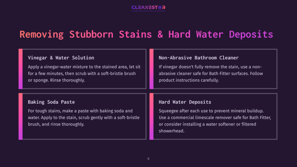8 Removing Stubborn Stains And Hard Water Deposits A Slide Featuring Four Cleaning Methods With Titles, Bullet Points On Solutions, And A Dark Background With Contrasting Text Colors.