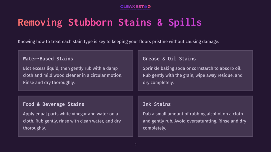 Text On A Dark Purple Background Outlines Methods For Removing Stubborn Stains From Cherry Hardwood Floors, Detailing Water-Based, Grease, Food, And Ink Stains.