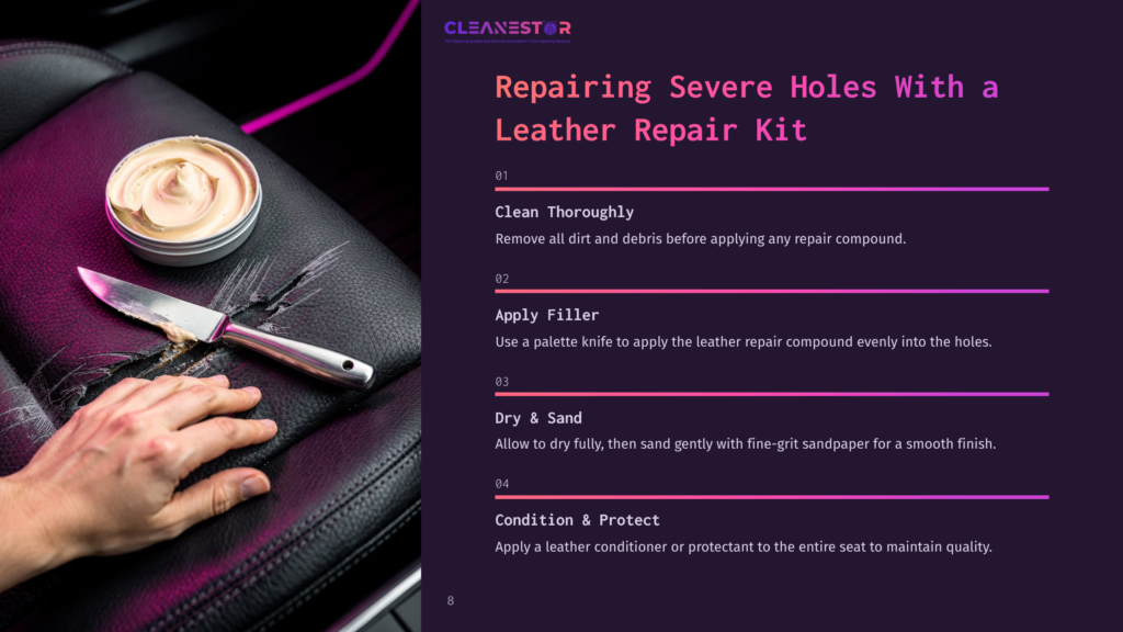 Close-Up Of A Hand Applying A Cream-Colored Leather Filler Compound To Repair A Severe Hole In A Black Leather Car Seat. The Image Also Shows The Cleanestor Logo And Repair Instructions.