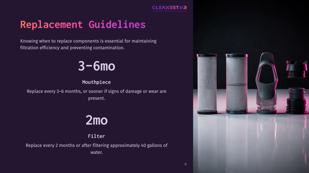 Guidelines For Replacing A Brita Water Bottle Mouthpiece And Filter, With Text Highlighting Recommended Timeframes Against A Dark Background.