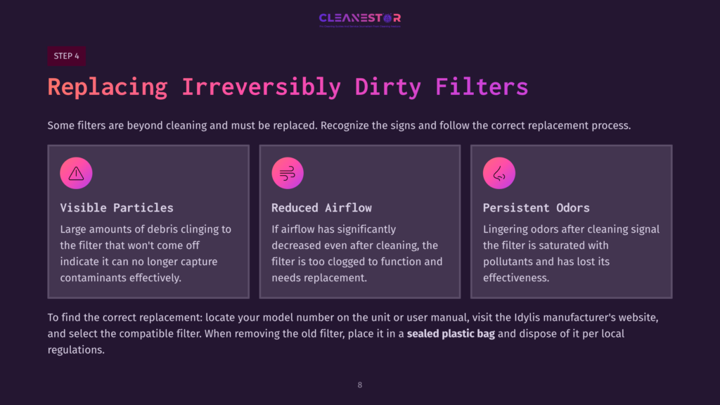 Step 4 Highlights Signs For Replacing Filters: Visible Particles, Reduced Airflow, And Persistent Odors, With A Purple Background And Clear Text.