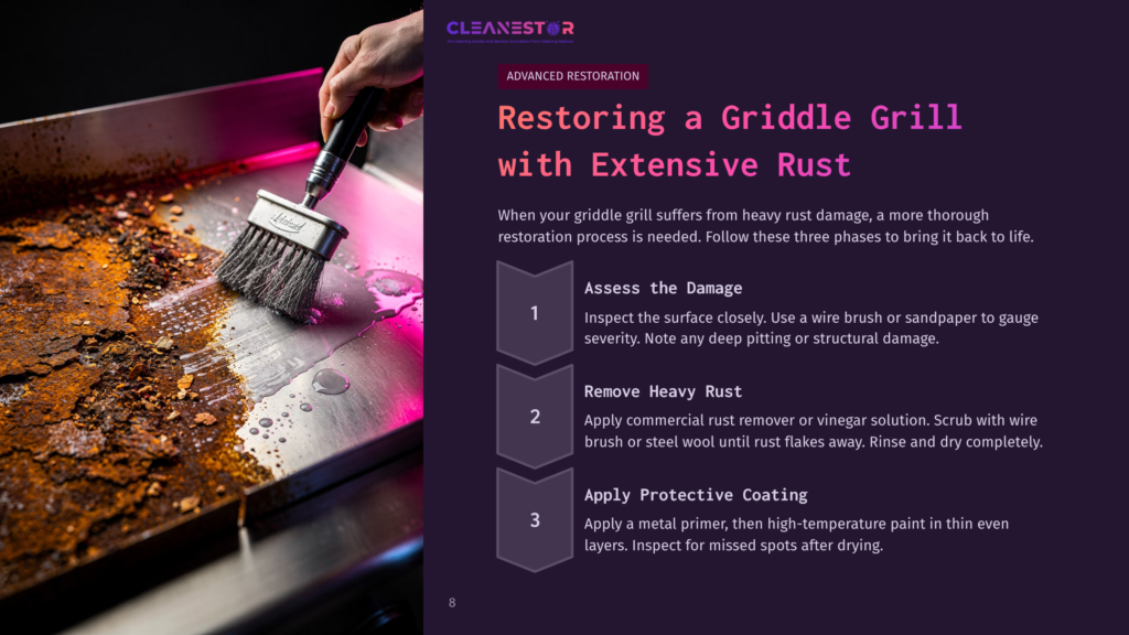 A Metallic Griddle Grill Shows Rust And Residue, With A Brush Cleaning The Surface. Steps For Restoration Are Listed Beside It.