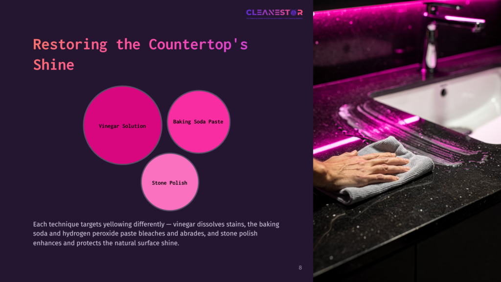 A Hand With A Microfiber Cloth Cleans A Black Granite Countertop With Pink Led Lighting, Next To A Sink And Faucet. Text Overlay: &Quot;Restoring The Countertop'S Shine&Quot;, With Circles For &Quot;Vinegar Solution&Quot;, &Quot;Baking Soda Paste&Quot;, And &Quot;Stone Polish&Quot;.