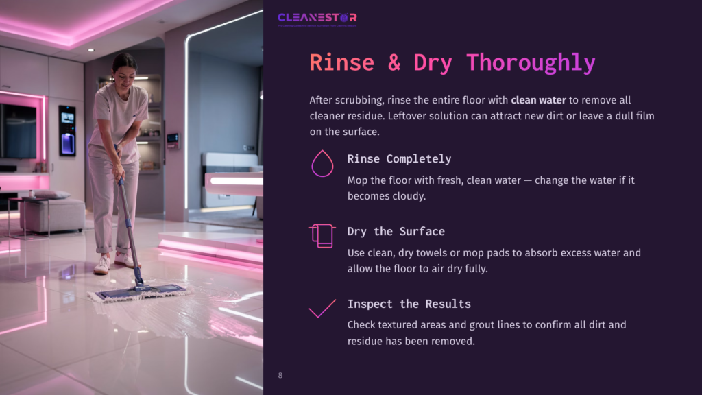 A Woman In A Light Pink Uniform Mops A Shiny, Modern Floor With A Blue Mop. The Room Features Pink Led Lighting And Sleek Furniture, With Text Overlay: &Quot;Cleanestor Rinse &Amp; Dry Thoroughly&Quot;.