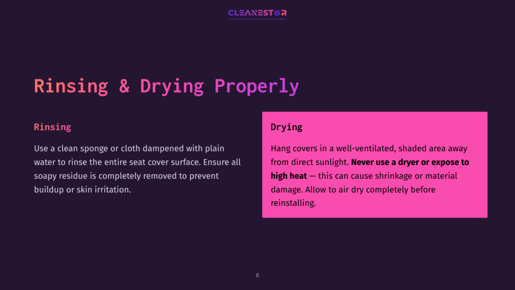 Title Card For &Quot;Cleanestor&Quot; With Text &Quot;Rinsing &Amp; Drying Properly,&Quot; Detailing Steps For Rinsing And Drying Car Seat Covers.