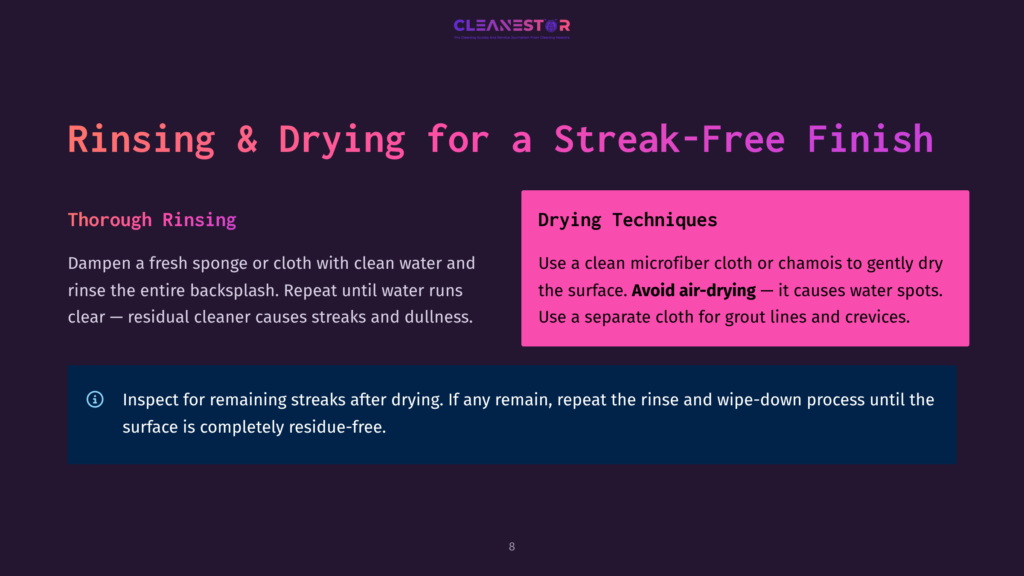The Cleanestor Logo Is Displayed At The Top Of A Dark Purple Slide With The Title &Quot;Rinsing &Amp; Drying For A Streak-Free Finish&Quot; In Large, White Text. The Slide Is Divided Into Two Sections: &Quot;Thorough Rinsing&Quot; On The Left And &Quot;Drying Techniques&Quot; On The Right, With Bulleted Text Under Each Heading. A Dark Blue Bar At The Bottom Contains An Information Icon And Text About Inspecting For Streaks.