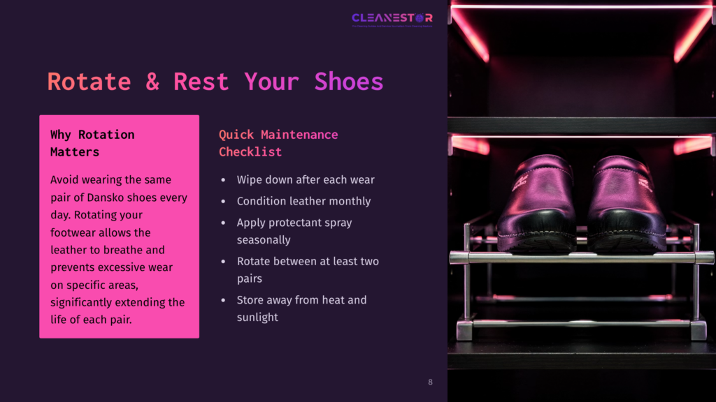 Cleansestar Shoe Dryer With Pink Uv Lights, Holding Two Black Dansko Shoes. Text Reads &Quot;Rotate &Amp; Rest Your Shoes&Quot; And &Quot;Why Rotation Matters,&Quot; Plus A &Quot;Quick Maintenance Checklist.