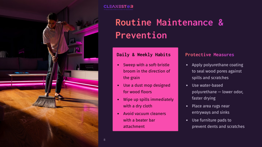 8 Routine Maintenance And Prevention A Man Sweeps A Polished Wood Floor With A Broom In A Modern Living Room With Pink Led Lighting. Text Overlay: &Quot;Cleanestor Routine Maintenance &Amp; Prevention Daily &Amp; Weekly Habits Protective Measures.