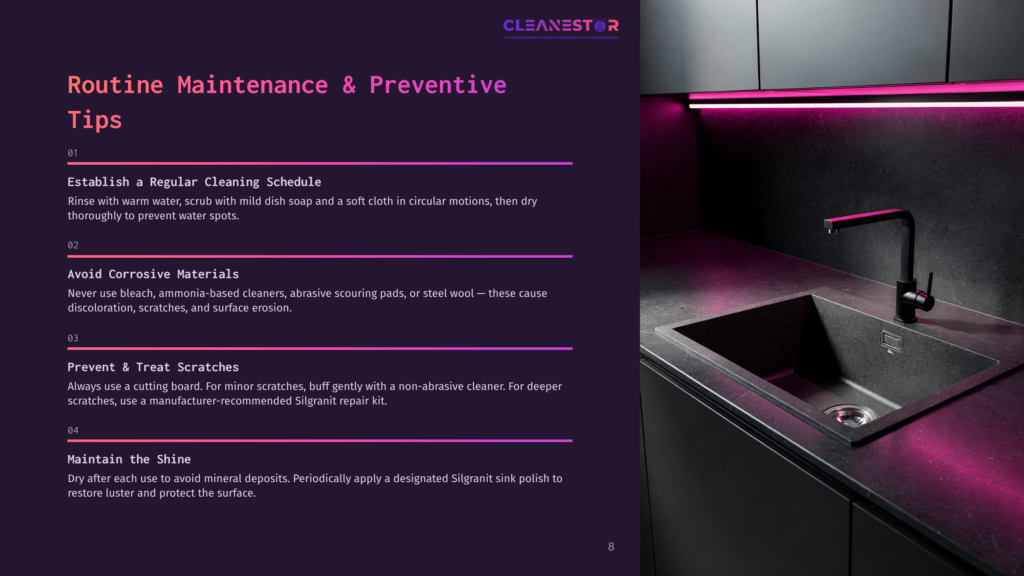 Cleanestor Logo Above A Modern Kitchen Sink With A Black Faucet, Illuminated By Purple Under-Cabinet Lighting. Text Provides Routine Maintenance Tips For Sinks.