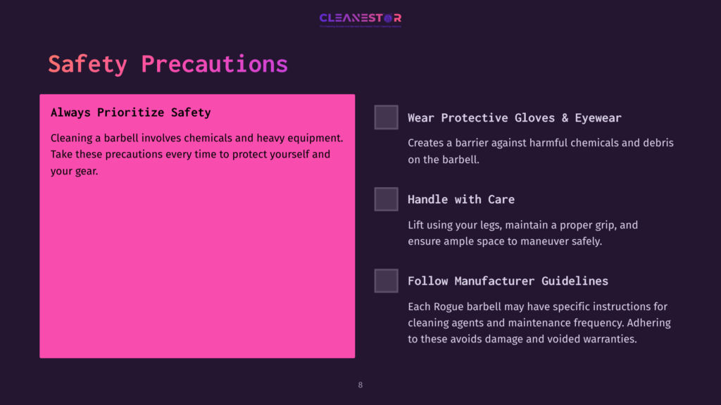 8 Safety Precautions Bright Pink Box With Safety Tips For Cleaning Barbell, Surrounded By Bullet Points In White Text On A Dark Purple Background.