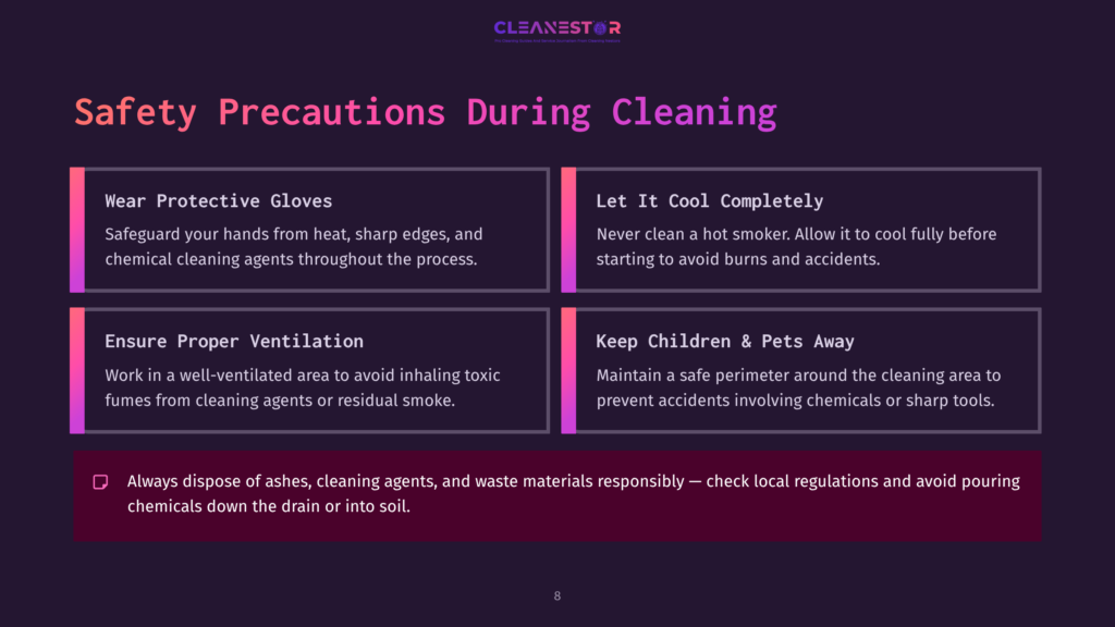 Text Slide Featuring Safety Precautions For Cleaning An Offset Smoker, With A Dark Background, Purple Accents, And White Text Highlighting Key Points.