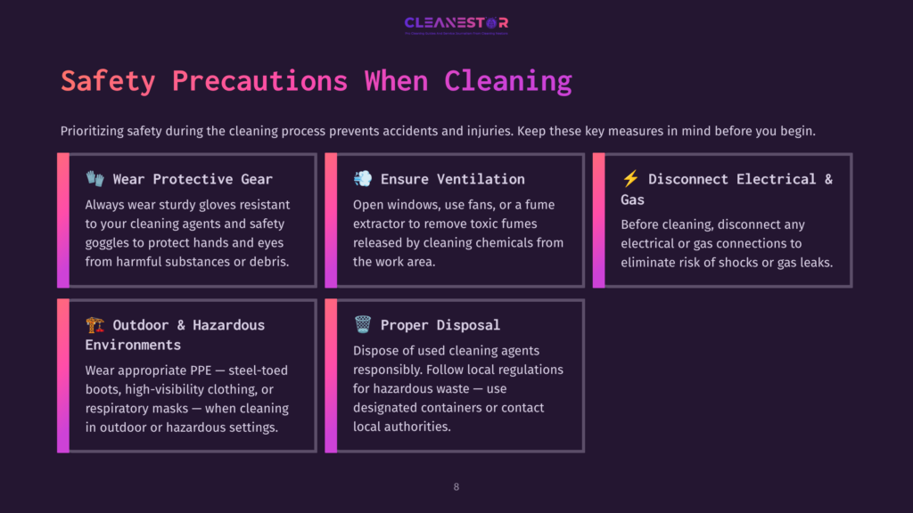 A Colorful Infographic Outlining Safety Precautions For Cleaning, Featuring Four Sections On Protective Gear, Ventilation, Electricity, And Disposal.