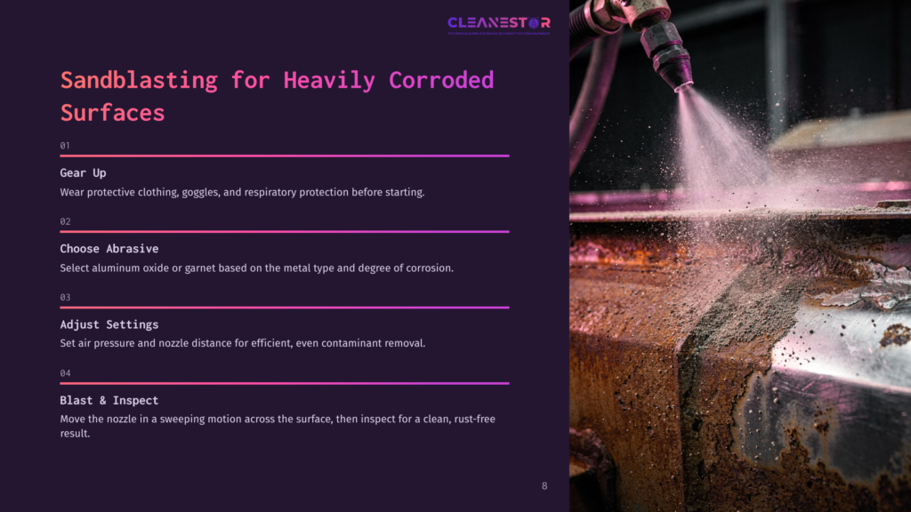 Close-Up Of A Sandblasting Nozzle Spraying Abrasive Material Onto Heavily Corroded Metal Surfaces, Removing Rust And Debris. The Text &Quot;Cleanestor&Quot; Is Visible At The Top.
