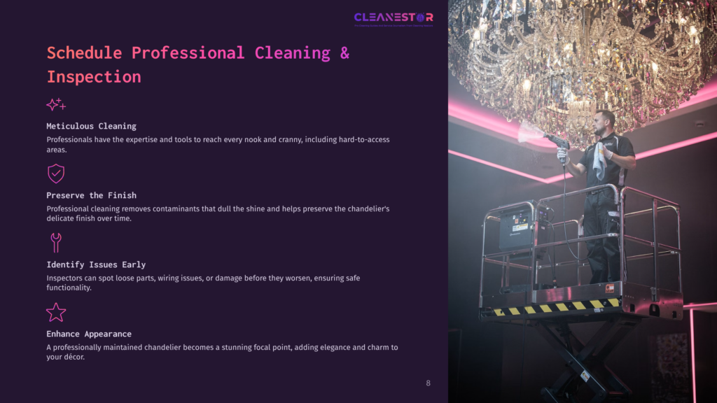 8 Schedule Professional Cleaning And Inspection A Professional Cleaner In A Harness And Safety Gear Uses A Spray Wand To Clean A Large, Ornate Crystal Chandelier Hanging In A Dimly Lit, Modern Event Space With Pink Uplighting.