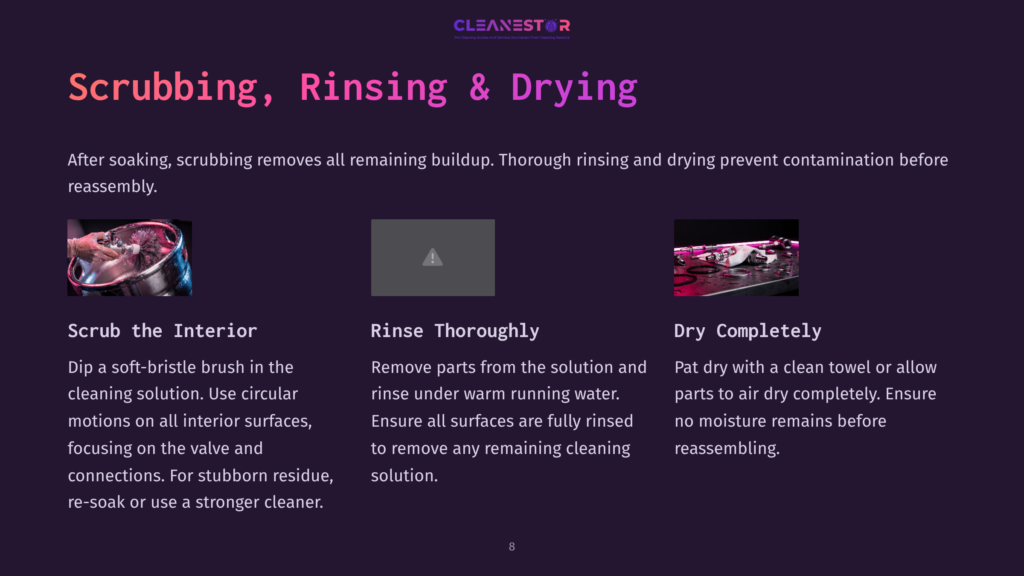 A Graphic Showing Steps For Cleaning A Keg Coupler, Featuring Instructions On Scrubbing, Rinsing, And Drying, With Icons And Vibrant Colors.
