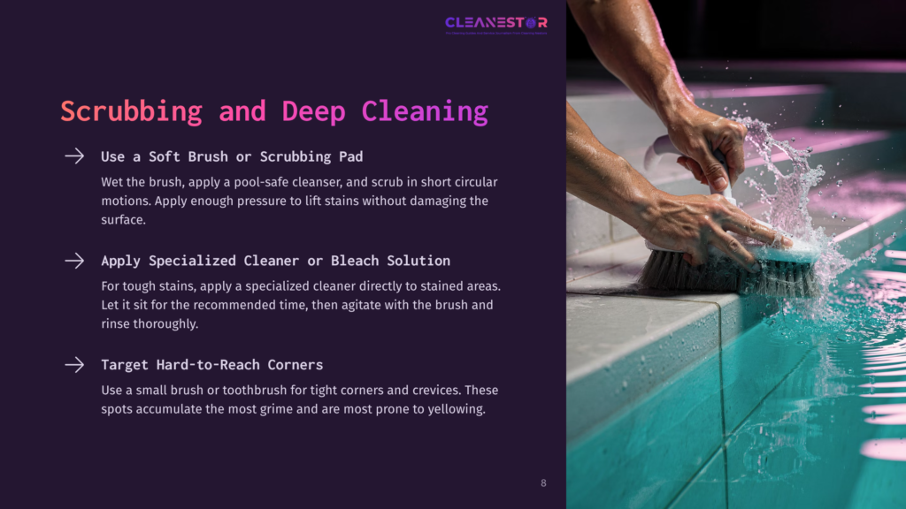 Close-Up Of Hands Scrubbing A Pool Edge With A Brush And Cleaning Solution, Creating Suds And Splashes Of Water. Text Overlay Reads &Quot;Scrubbing And Deep Cleaning.